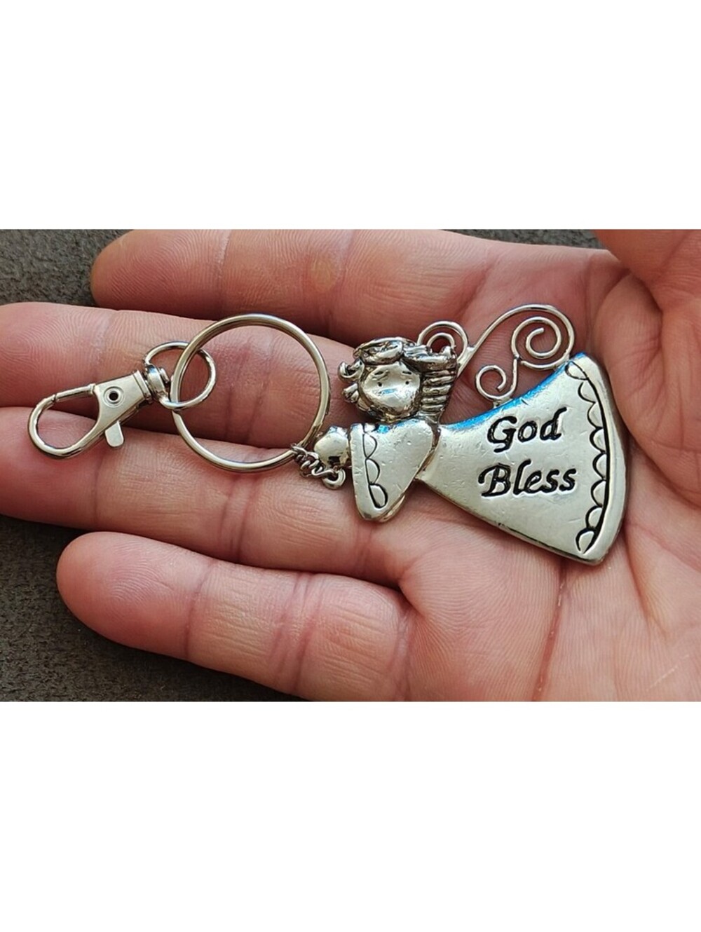 Ganz Silver Tone "God Bless" Angel Charm Keychain